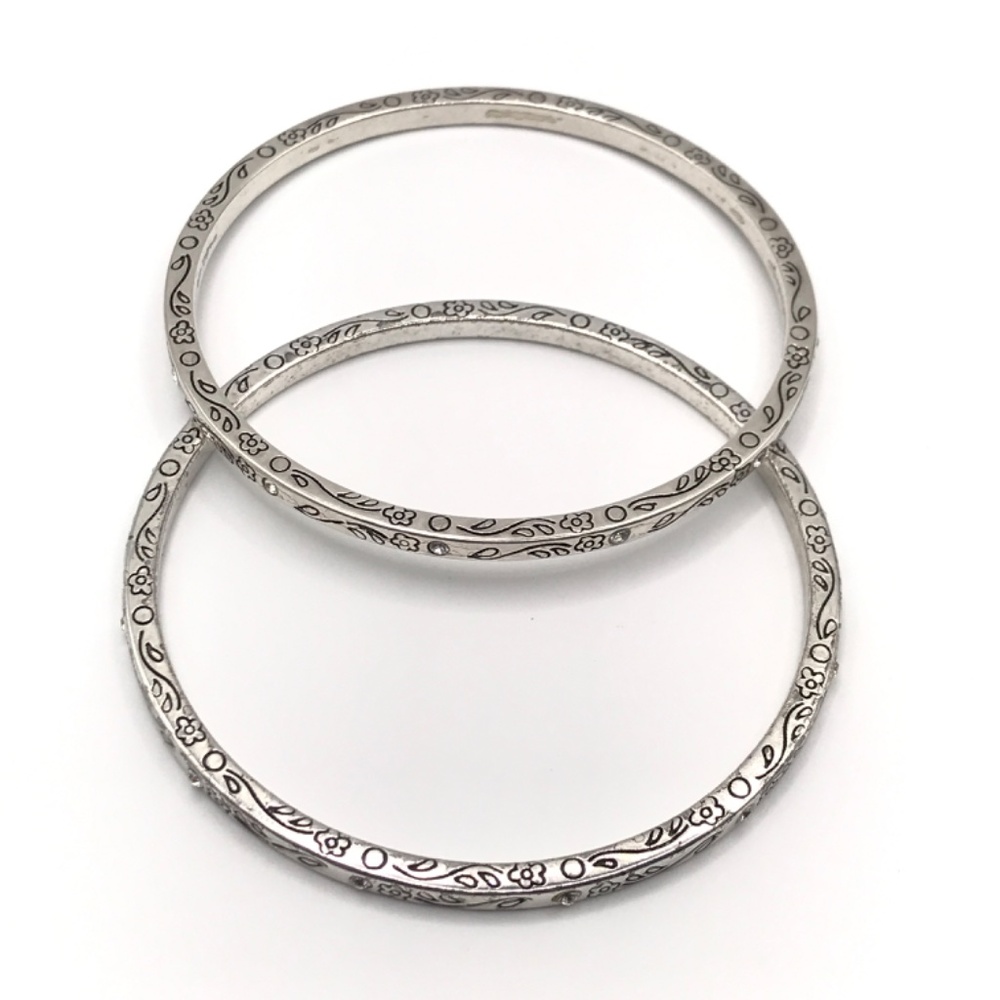 Lot of 2 Stackable Bracelets Silver Plate Engraved Bangle Floral